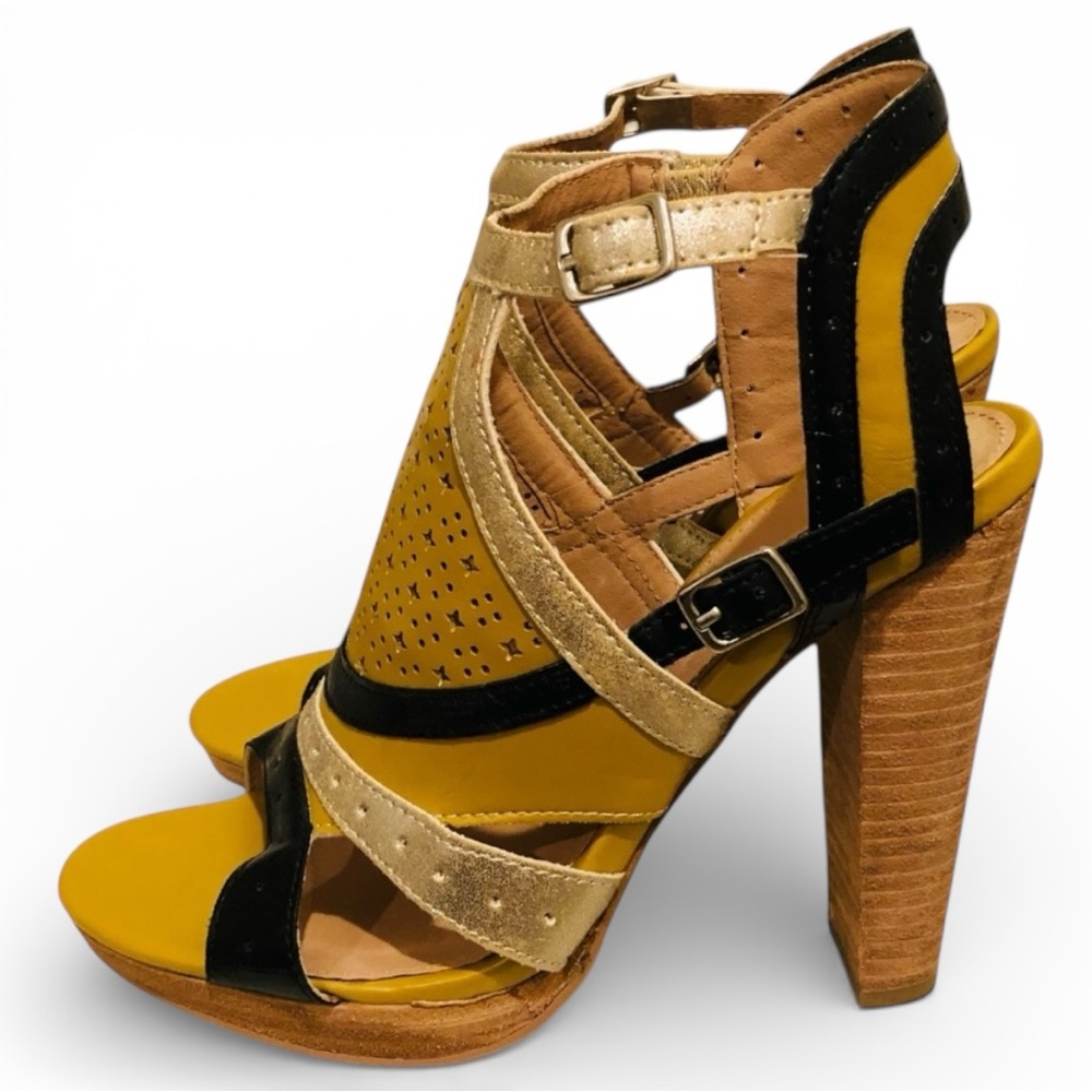 Lovely People Micky Strappy High Heel Sandals Shoes Yellow Black 7.5 Party - Picture 3 of 5